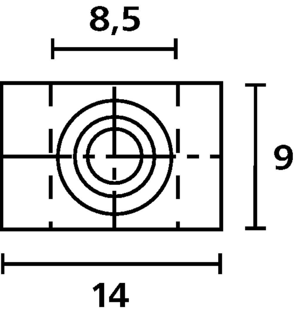Technical drawing with a rectangle, a circle in the centre, and the dimensions: Width 14 cm, Height 9 cm, Circle diameter 8.5 cm.
