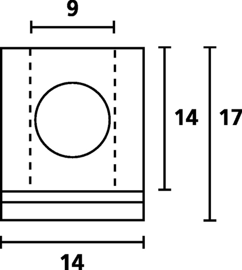 'Diagram of a rectangular object with a circular cutout, width 14, height 17, cutout diameter 9.'