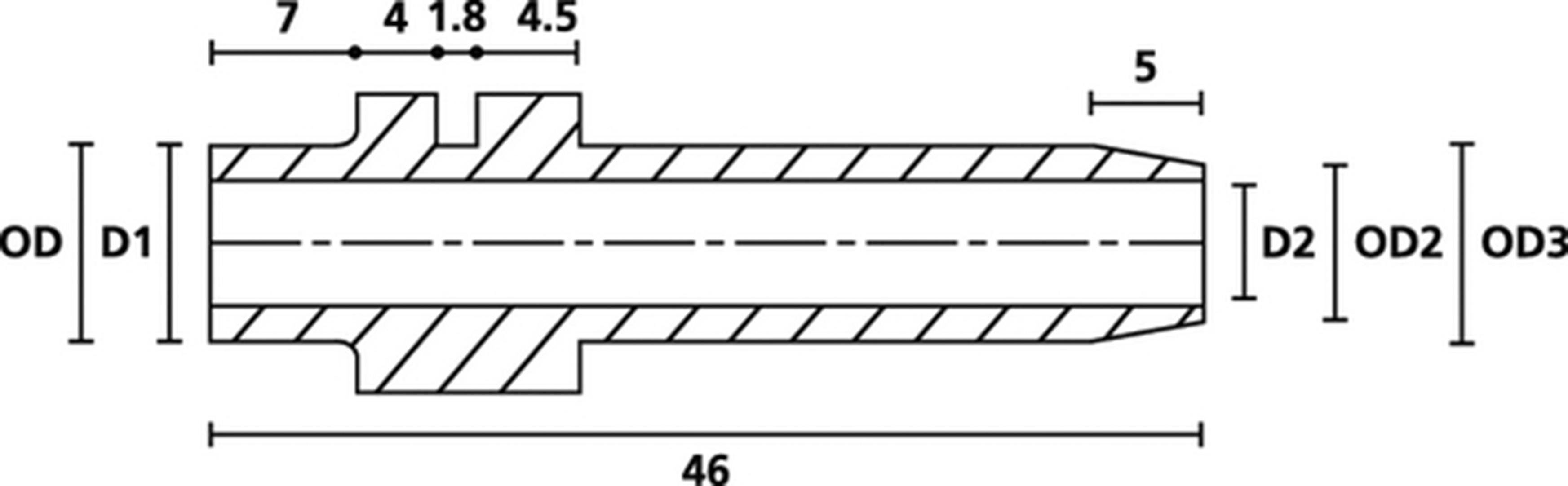 Technical drawing of a cylindrical part with dimensions: Total length 46, diameter OD, D1, D2, D3 and three segments.