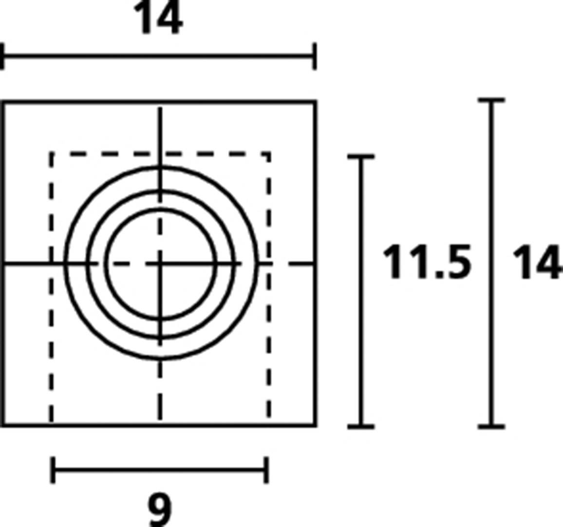 Technical drawing of a square object measuring 14 x 14 cm. A circle with a diameter of 9 cm is located inside. Height: 11.5 cm.