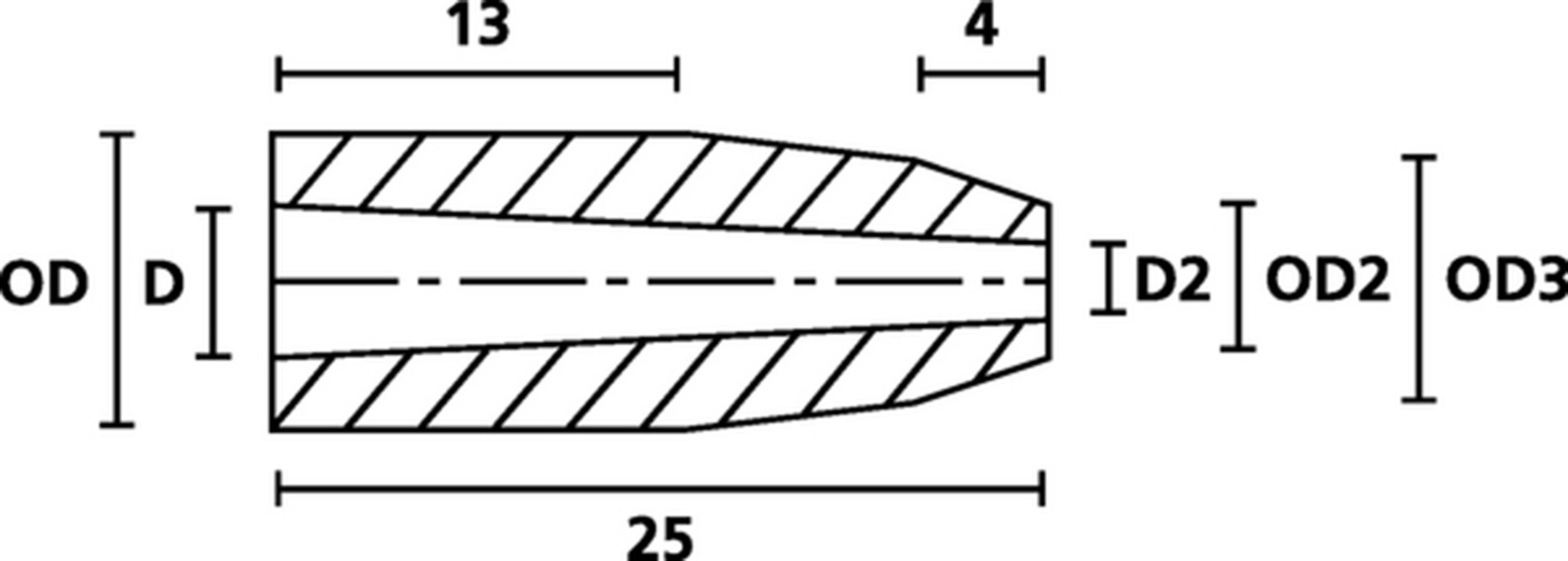 Technical drawing of a cylindrical part: Length 25, Outer diameter (OD), Inner diameter (D), Length of narrower ends 13 and 4.