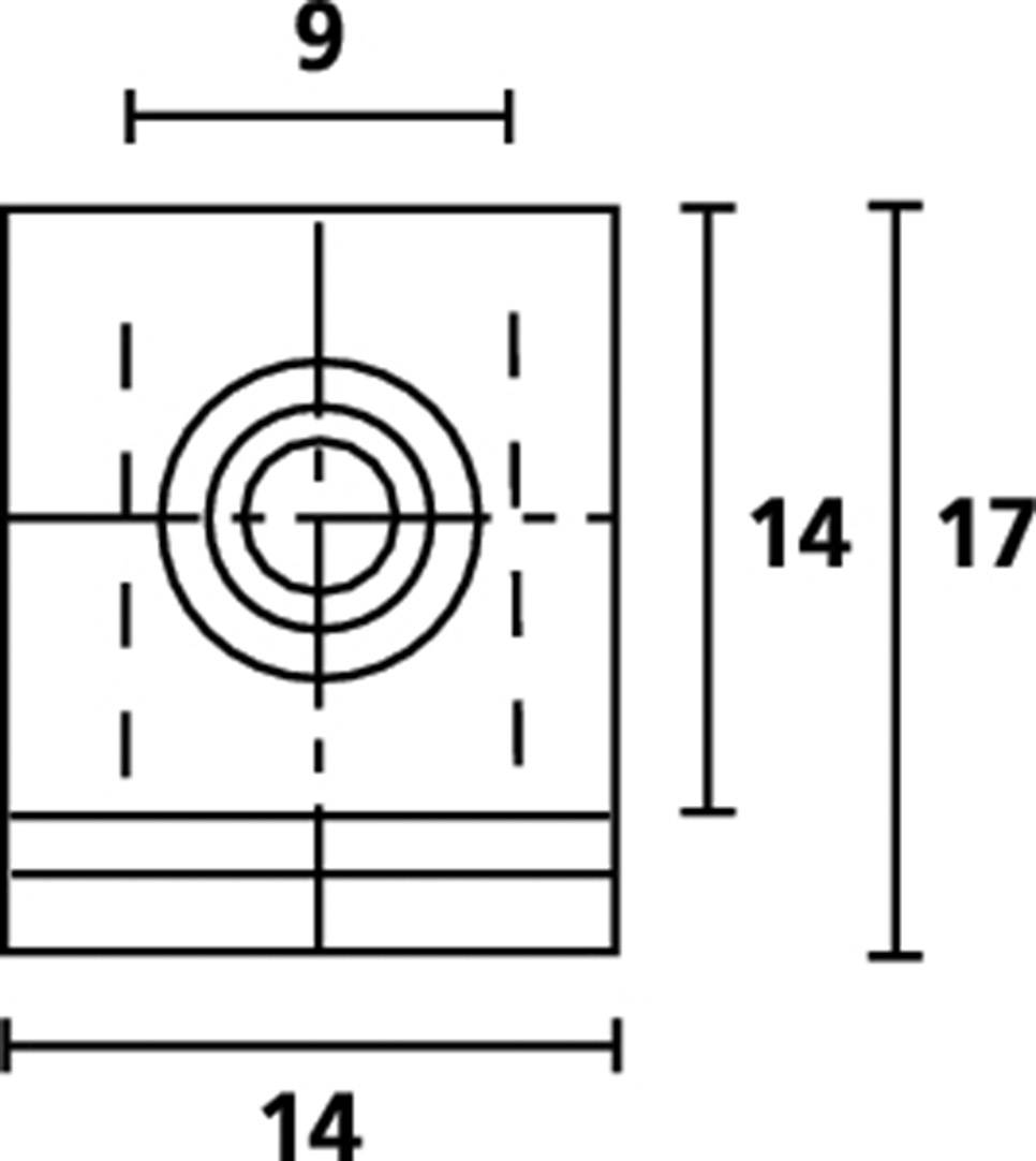 Technical Drawing: Square Form with Circle in the Centre. Dimensions: Width 14, Height 17, Circle Width 9. Symmetrical Lines.
