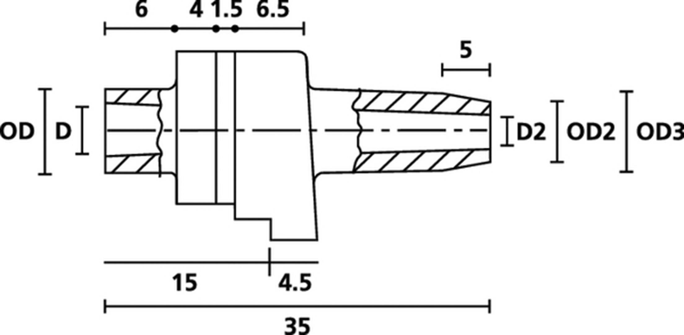 Technical drawing of a part with marked dimensions. Labels: OD, D, OD2, D2. Dimensions given in millimetres.