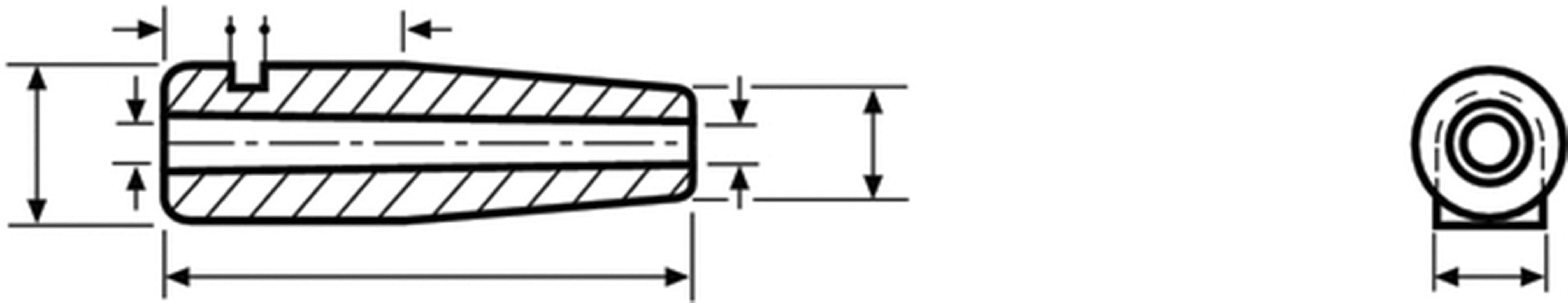 Technical drawing of a cylindrical object with dimensional specifications. Side view on the left shows lengths, end view on the right shows circular form.
