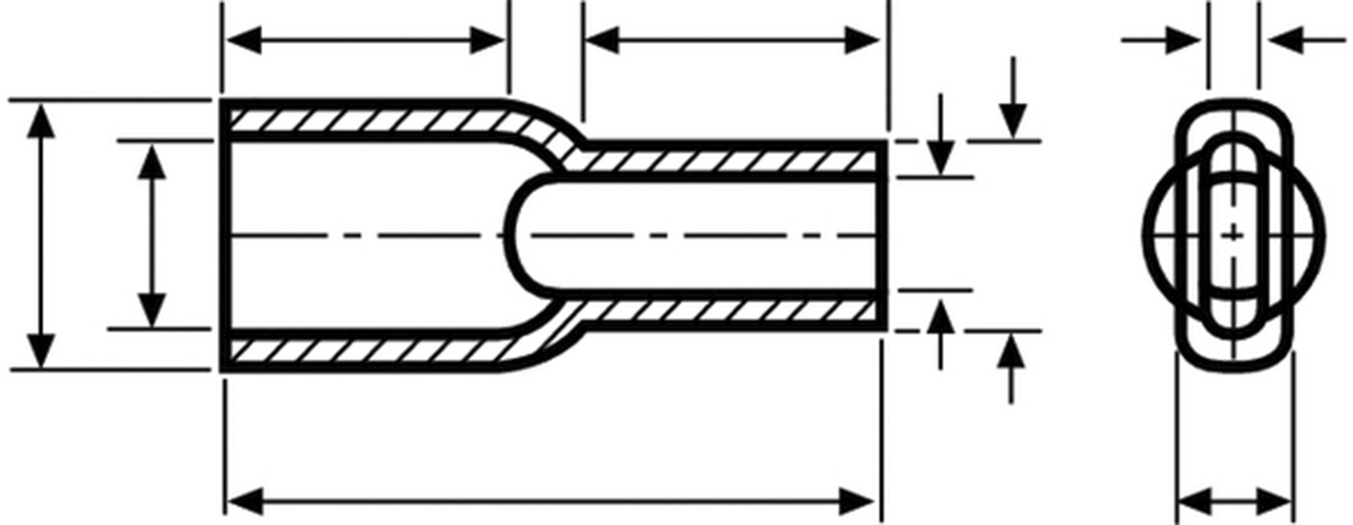 Technical drawing of a pipe connection piece with various dimensions and diameters, side and front view.