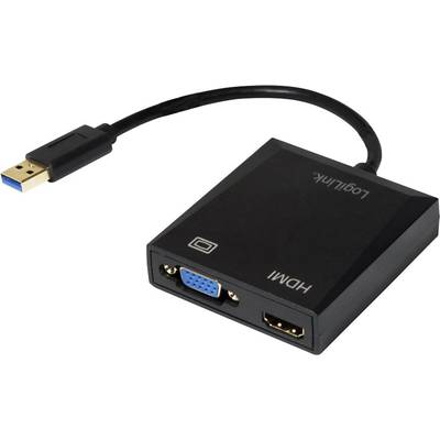 A USB 3.0 adapter with HDMI and VGA ports, suitable for connecting computers to monitors or projectors.