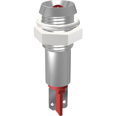 Metal push button with red button, suitable for electronic applications, demonstrates on-off switch mechanism.