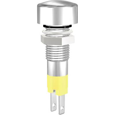A silver button with a yellow base and two metal contacts, typical of an electronic push switch.