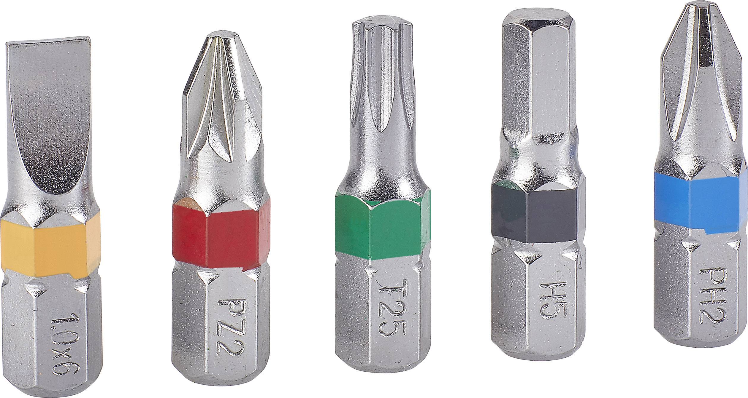 Five different screwdriver bits in a row: Slotted, Pozidriv, Torx, Hex (Allen), and Phillips, each colour-coded.