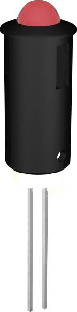 A black, cylindrical button switch with a red cap and two metal pins at the bottom for electrical connection.