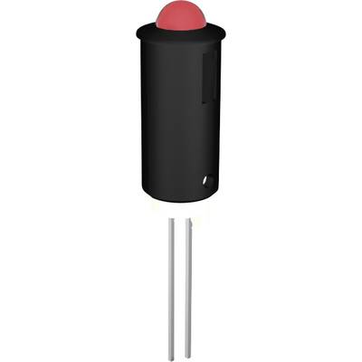 A black, cylindrical button switch with a red cap and two metal pins at the bottom for electrical connection.