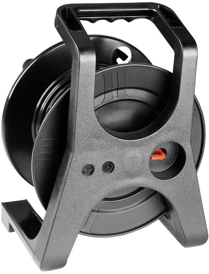 Black plastic cable reel with a red grip knob. It stands upright and is partially wound.