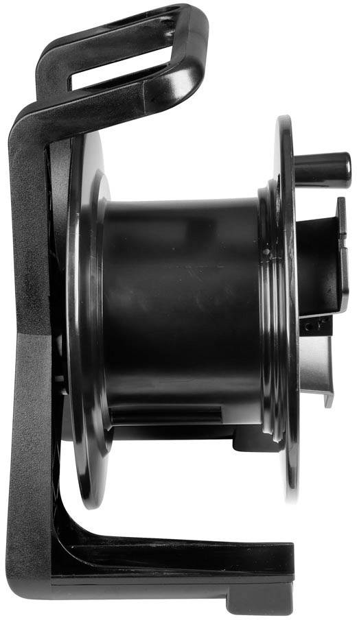 Side view of a glossy black cable reel with a handle, suitable for storing or extending cables in technical applications.