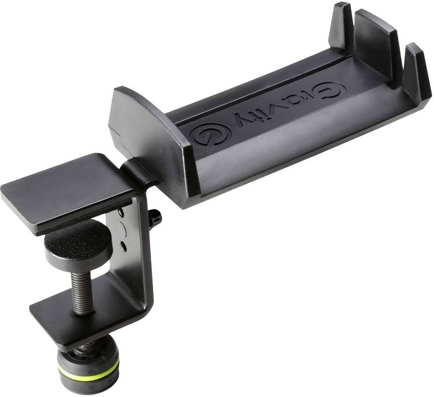 'Metal table mount in black, with screw clamp and padded smartphone holder. Suitable for video recording or live streaming.'