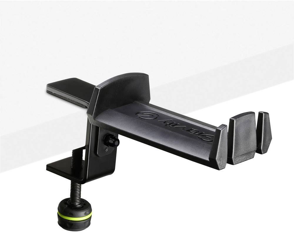 Mounting bracket for a desk edge bicycle lock, black, made of metal, with adjustable clamp and screw fastening.