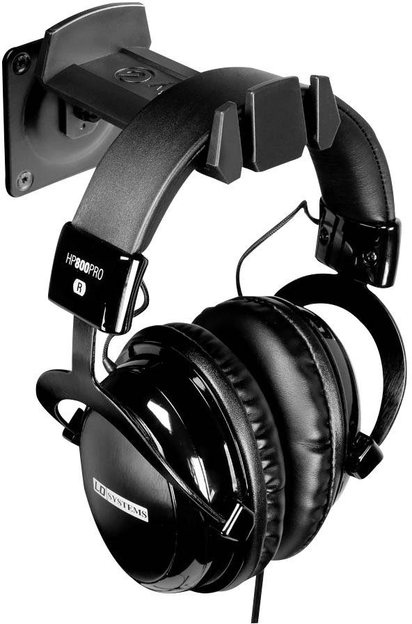 Black studio headphones hang on a wall mount, showing the side inscription 'HP800PRO'.