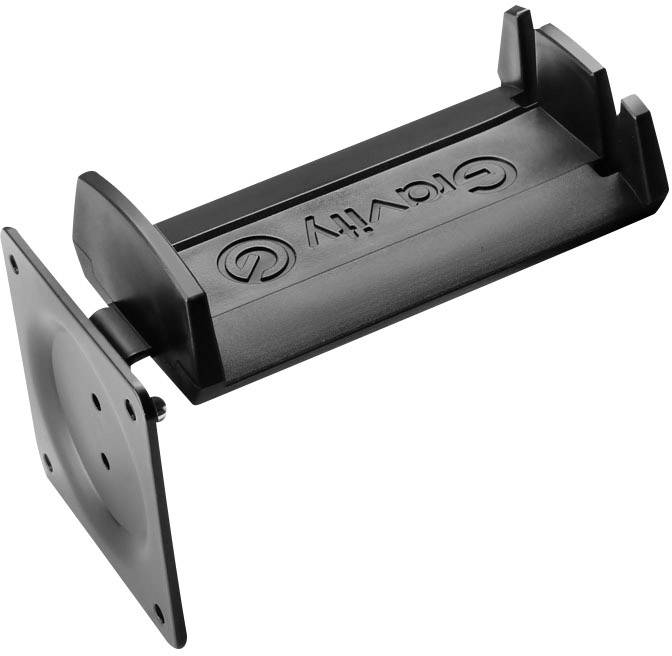 Black wall mount for games consoles with logo, rectangular shape, multiple mounting points. Suitable for space-saving installation.