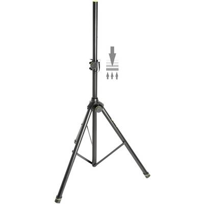 A black tripod with three legs stands upright. An arrow with lines next to it indicates the height adjustability.