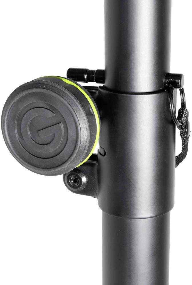 Black aluminium stand with a round locking screw and chain security. Suitable for mounting devices or accessories.