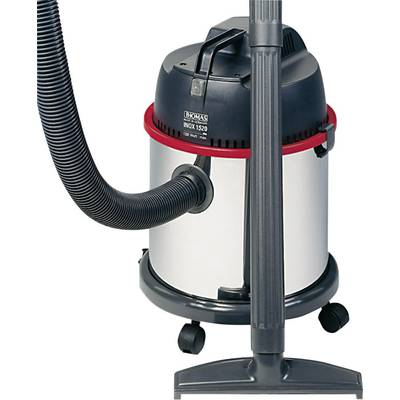 A red and silver workshop vacuum cleaner with a long hose and suction nozzle, mounted on wheels for easy mobility.