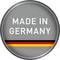 'Made in Germany' appears on a grey circle, with the German flag in striped form underneath.