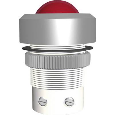 Red emergency stop button in a metal housing, typically used to quickly shut down machinery.