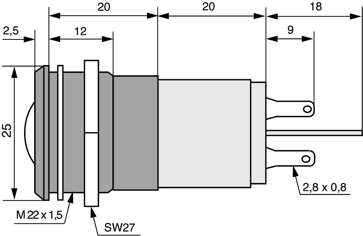 Technical drawing of a circular switch with dimensions in millimetres. Shows the profile view and position of the connection contacts.