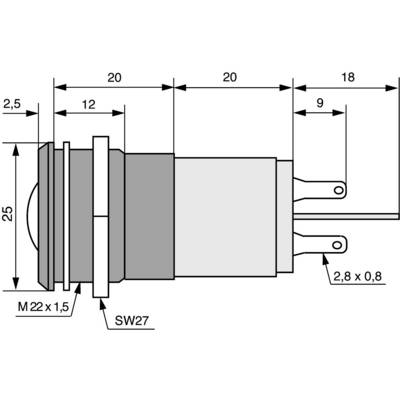 Technical drawing of a circular switch with dimensions in millimetres. Shows the profile view and position of the connection contacts.