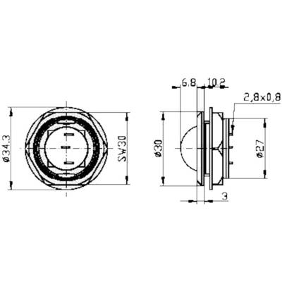 Technical drawing showing two views of a round component with dimensions. Left: Front view (diameter 34.3 mm). Right: Side view (diameter 30 mm, depth 10.2 mm).