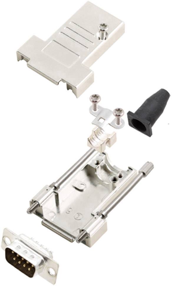 Exploded view of a D-sub connector with housing, screws and cable gland, showing the components and assembly method.