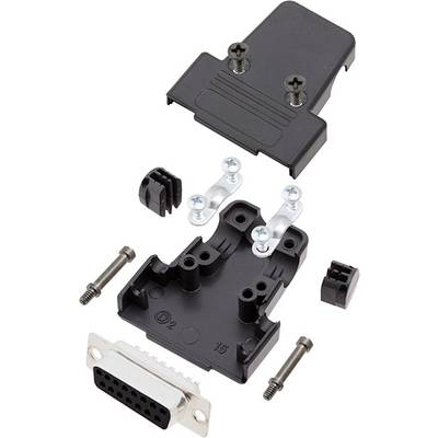 A disassembled plastic D-sub housing with screws, a metal connector and cable entry. Main components visible.