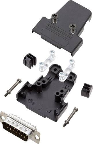 A disassembled D-sub connector with housing parts, screws, and cable clamps. Main components are visible for the assembly instructions.