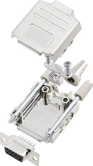 Dismantled VGA connector showing the housing, screws, connector head, and metal pins.