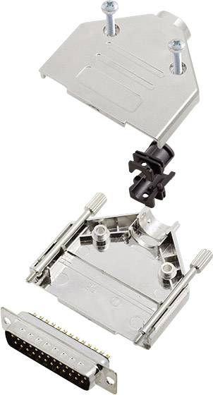 A disassembled D-sub connector with visible components: housing half, screws, socket insert; shows mounting arrangement.