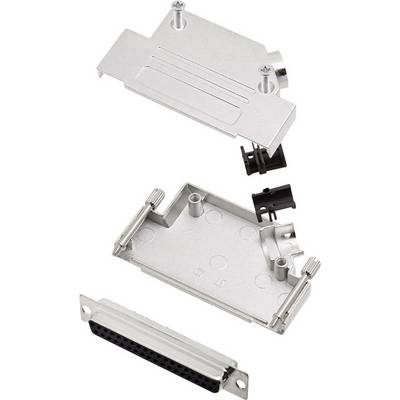 Metal connector housing, opened. A female D-Sub connector is visible, along with screws and plastic components.