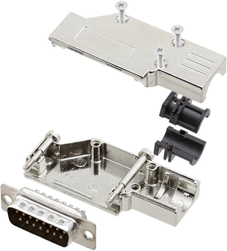 Metal covers and plastic components for a D-sub connector, screws securing the housing, connector visible from below.