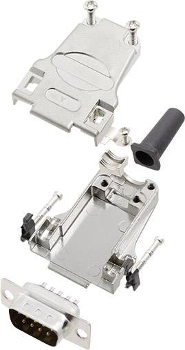 'Illustration of a disassembled D-sub connector, comprising a metal housing, two screws, and a connection cap.'