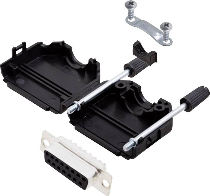 Opened D-Sub housing with a 9-pin connector, comprising two black plastic halves, screws, and a metal bracket.