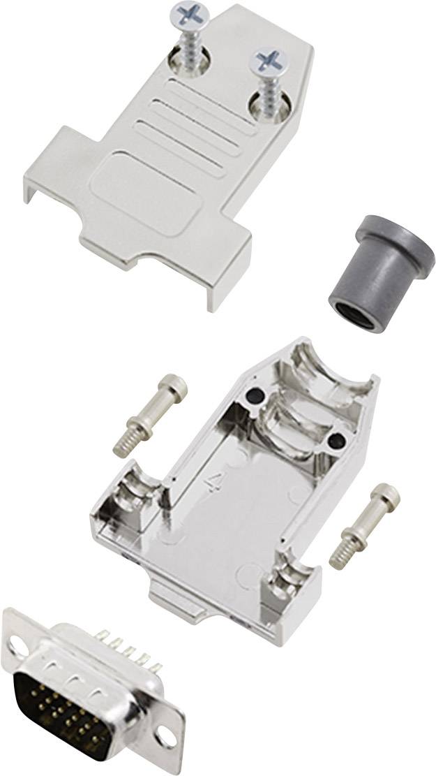 Metal housing for a D-sub plug, comprising an upper and lower section, screws, and an oval cable gland.