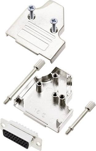 Metal enclosure for D-Sub connectors, comprising upper and lower sections, with screws and threaded bushes, for cable mounting.