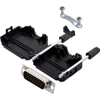 An open black housing for a D-Sub connector with two screws and a metal mounting bracket; visible connector with 15 pins.