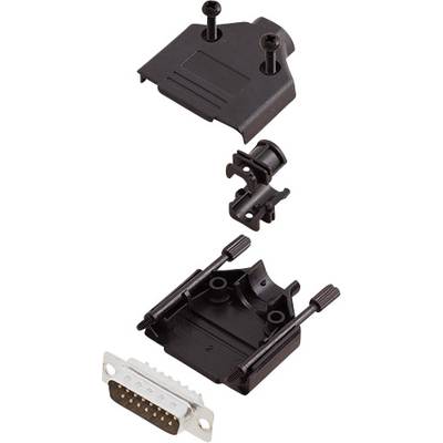 Exploded view of a D-Sub connector with housing components, screws, and connector contact board shown separately.