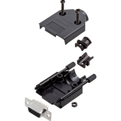 A disassembled VGA connector with casing, screws, and mounting elements. System shows the individual parts for assembly.