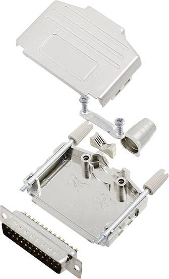 Disassembled 25-pin D-Sub connector with housing, pins, and screws visible. Suitable for electronic connections.
