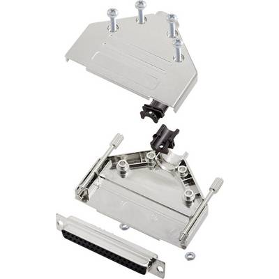 Figure of an opened metal enclosure, consisting of two main parts with screws and a connector.