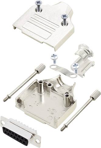 Metal housing for D-Sub plug, showing upper and lower cover, screws, cable clamp, and connector.