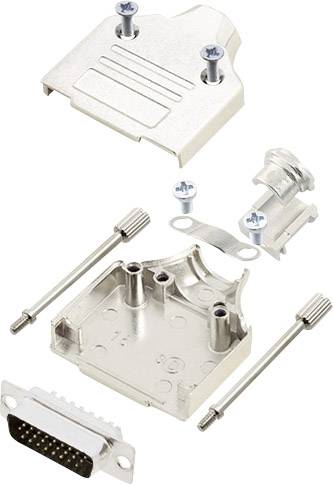 The illustration shows a disassembled connector housing in a metallic finish with screws, nuts, and connection pieces, ready for assembly.