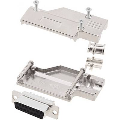 Metal D-Sub connector housing, consisting of two halves with screws, for the protection and organisation of electrical connections.