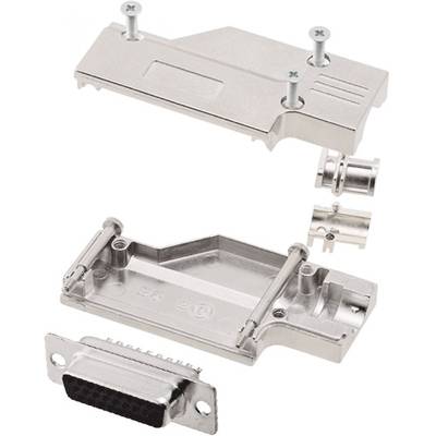 'Figure shows the parts of a D-Sub connector, including housing, screws and connector part. Components before assembly.'