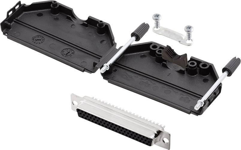 A disassembled connector with housing parts, screws and a 25-pin terminal strip.